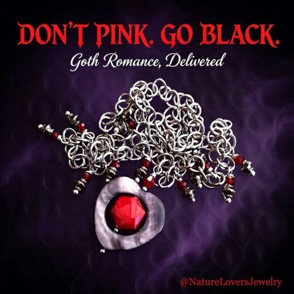 Gray Shell Heart & Red Crystals! Sexy Goth Mistress Witchy Statement Necklace